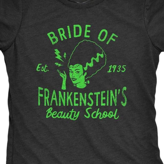 TEMU Women's "bride Of Beauty School" Graphic Tee - Black & Neon Green Vintage Horror Design, Regular Fit Short Sleeve Casual T-shirt, Stretchy Knit Fabric, Machine Washable, Wear, Ladies T Shirts