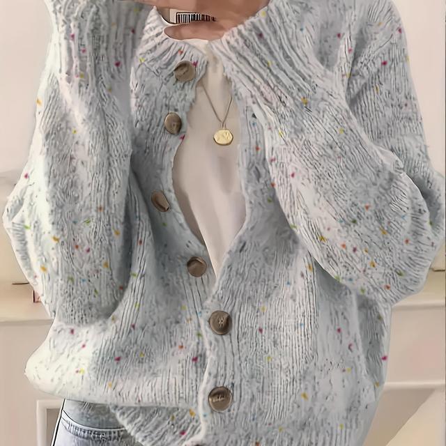 TEMU Plus Size, European And American Autumn Winter Women's Lazy Style Age-reducing Milk Color Mixed Cardigan Loose Casual Round Neck Button Long Sleeve Outerwear Sweater