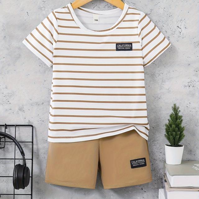 TEMU Summer New And White Striped Short-sleeved Shorts With Pockets Fashionable Two-piece Set, For Outdoor