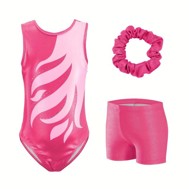 TEMU Girls' Sleeveless Triangle Sparkle Print Pattern Shiny Silvery Rhinestone Sports Tight Gymnastics Leotard With Hair Tie And Shorts 3pcs Training Outfit