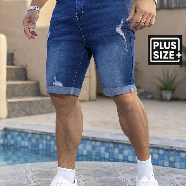 TEMU Men's Plus Size Slim-fit Distressed Denim Shorts - Stretch Mid- Washable Casual Summer Shorts With Functional Pockets, Poolside Attire, Durable Fabric, Plus Size
