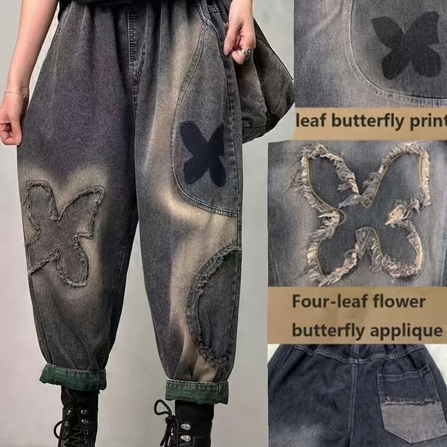 TEMU Vintage Wijde Harem Broek met Franje en Opgerolde Pijpen & Vierbladige Bloem Patch - Plus Size Oversized Slacks voor Lente/Herfst, Retro Boho Stijl (Handwas/Droogreinigen)