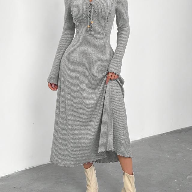 TEMU Elegant A-line Dress With Waist Definition - Long Sleeve Winter Dress Suitable For Fall/winter, Machine Washable Solid Color Party Wedding Guest Attire