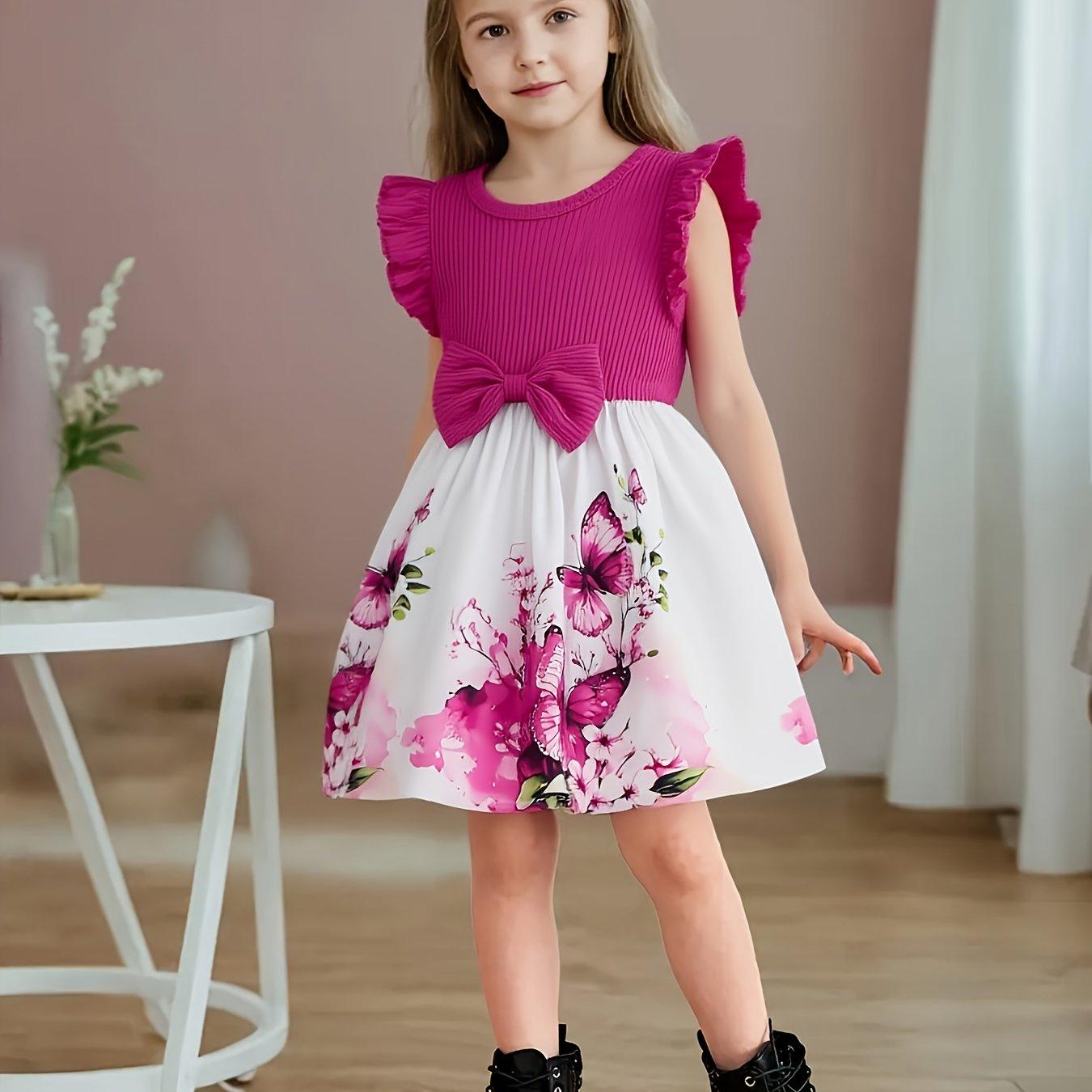 TEMU Summer Casual Dress For Infant And Toddler Girls With Round Neck, Bow Decoration, And Floral Print, Developed
