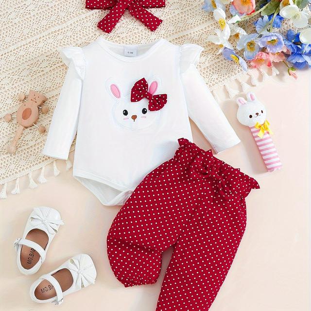 TEMU Stylish Baby Girl's Cute Rabbit Long Sleeve Top With Puff Sleeves + Full Print Polka Dot Comfortable Bow Pants Set + Headband Three-piece Outfit, For Outdoor