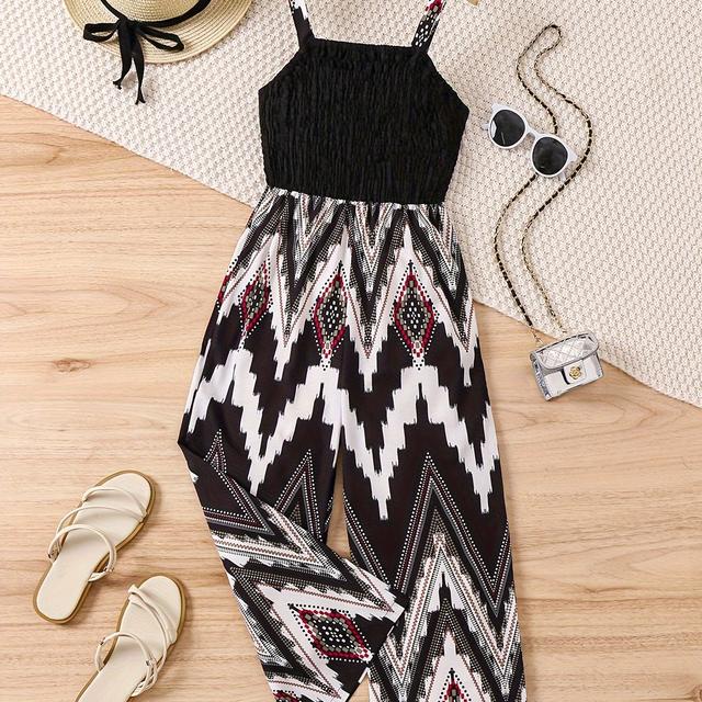 TEMU ' Wide-leg Jumpsuit With Adjustable Straps & Geometric - Black, White & Casual Overalls For , Spring/summer, Outdoor
