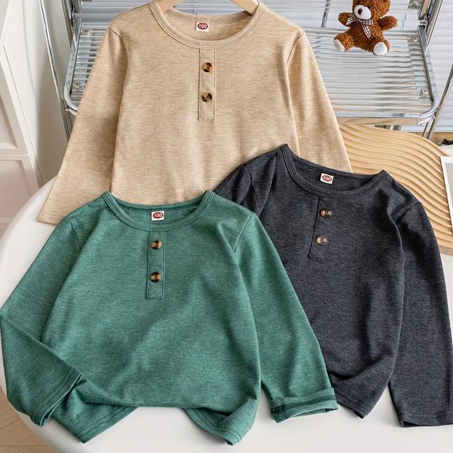 TEMU Jungen Herbst/Winter Einfarbige Lockere Strick-Langarm-T-Shirt-Set - 3-teiliges Casual Rundhals-Oberteile für und Outdoor