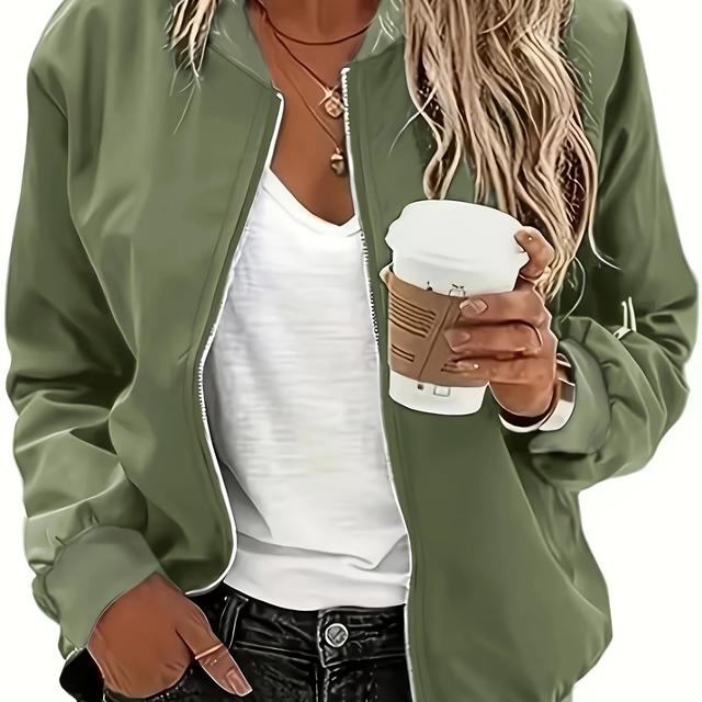 TEMU Plus Size Solid Zipper Jacket, Casual Long Sleeve Jacket For Fall & Winter, Women's Plus Size Clothing