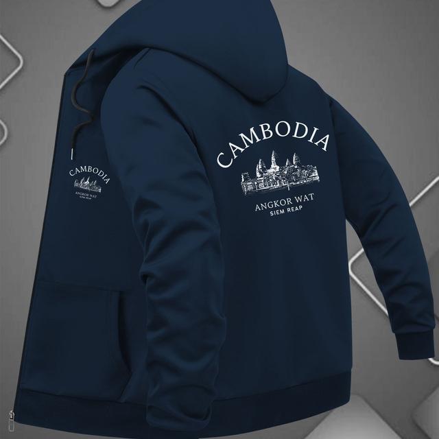 TEMU メンズ カンボジア遺産プリント フード付きジャケット - ワット グラフィック ジップアップ カジュアル コート、ブラック ポリエステル レギュラー フィット ポケット付き、洗濯機可、快適な着心地