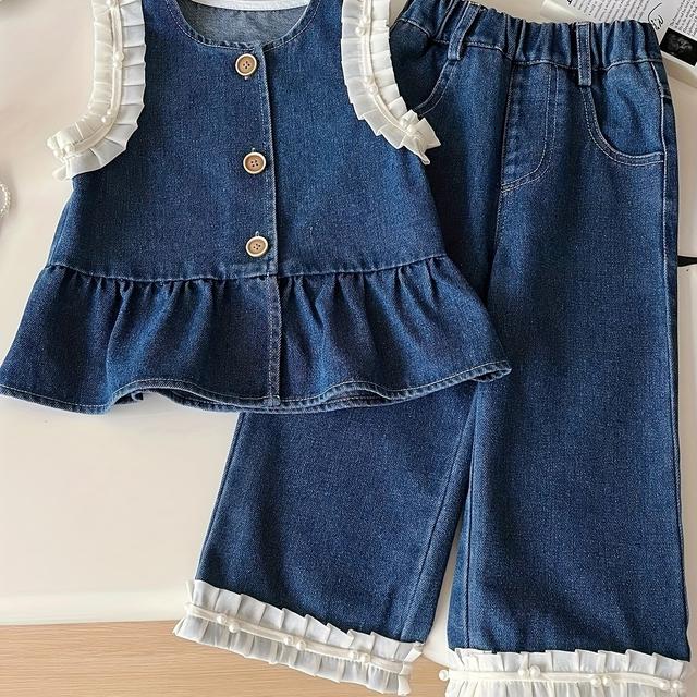 TEMU 2025 Mädchen Stylisches Denim Casual-Set, Neue Herbst Kinderweste Weite Hose, Trendige Kinderkleidung, für Draußen