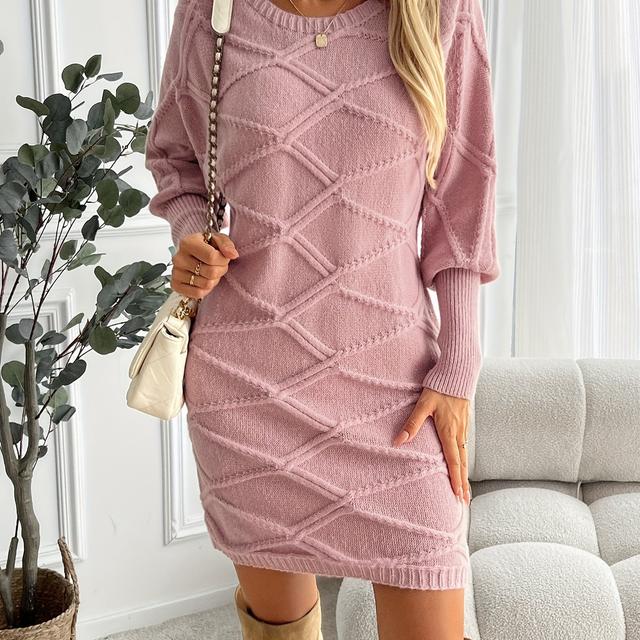 TEMU Women's Elegant Argyle Knit Dress, Off-shoulder Rib-knit Tunic, Long Length Polyester 100%, H-contour Knit Fabric, 380g/m² - Autumn