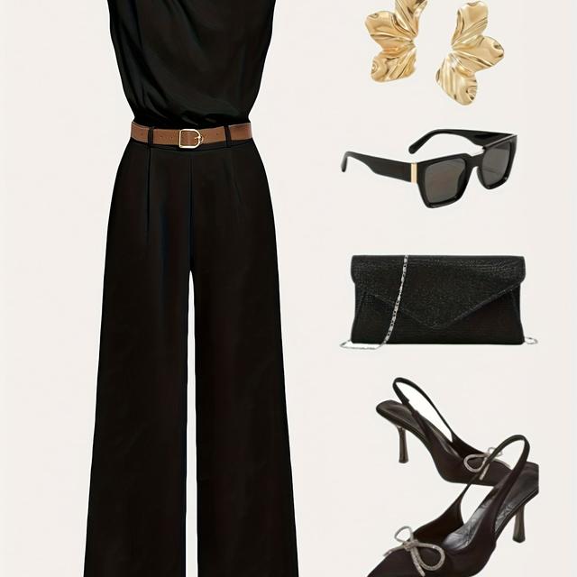 TEMU Damenhosen mit Schmaler Schulter und Gürtel für den Bund - Einfarbig Schwarz Sommer Büro & Freizeitkleidung, Maschinenwaschbarer Nicht-dehnbarer Stoff, Rundhals Professionelle Kleidung