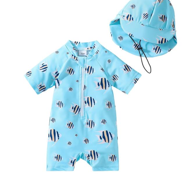TEMU Jungen Einteiliger Badeanzug mit Ozeanfisch-Druck und Passender Mütze - Dehnbar, Schnelltrocknendes Polyester-Mix, Reißverschluss, Maschinenwaschbar - für Alle Jahreszeiten