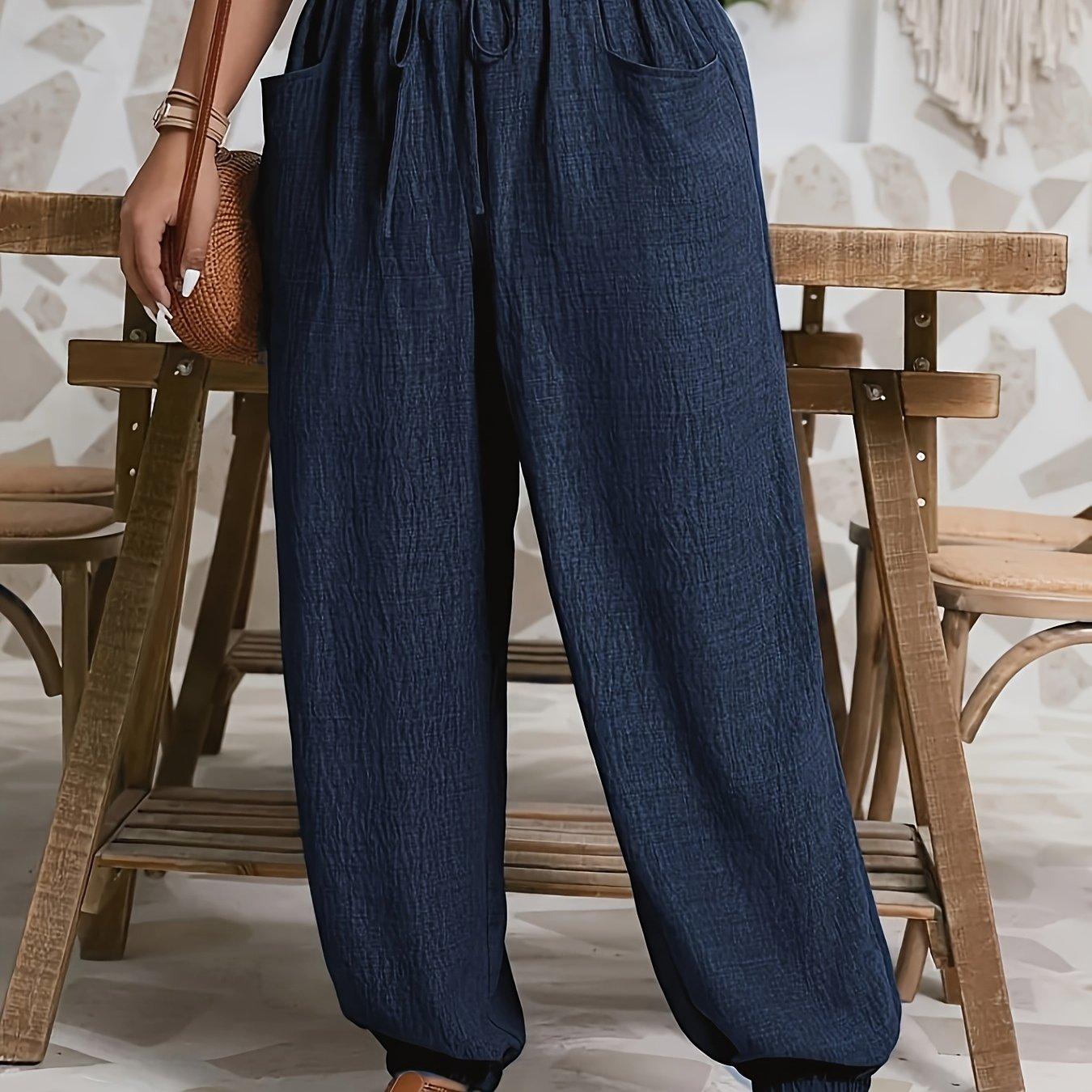TEMU Grote maten, Damesbroek casual in grote maten - kleur, Elastische tailleband met trekkoord en zakken, Machinewasbaar