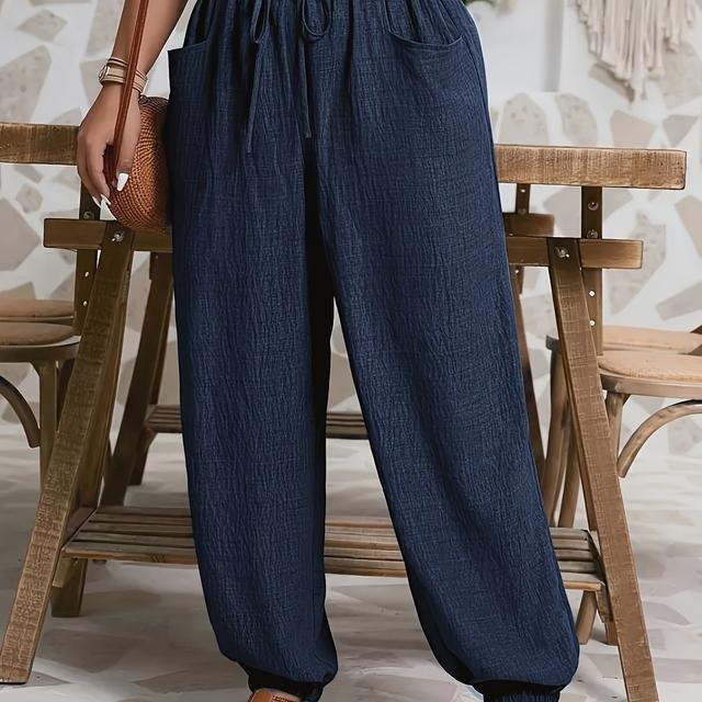 TEMU Grote maten, Damesbroek casual in grote maten - kleur, Elastische tailleband met trekkoord en zakken, Machinewasbaar