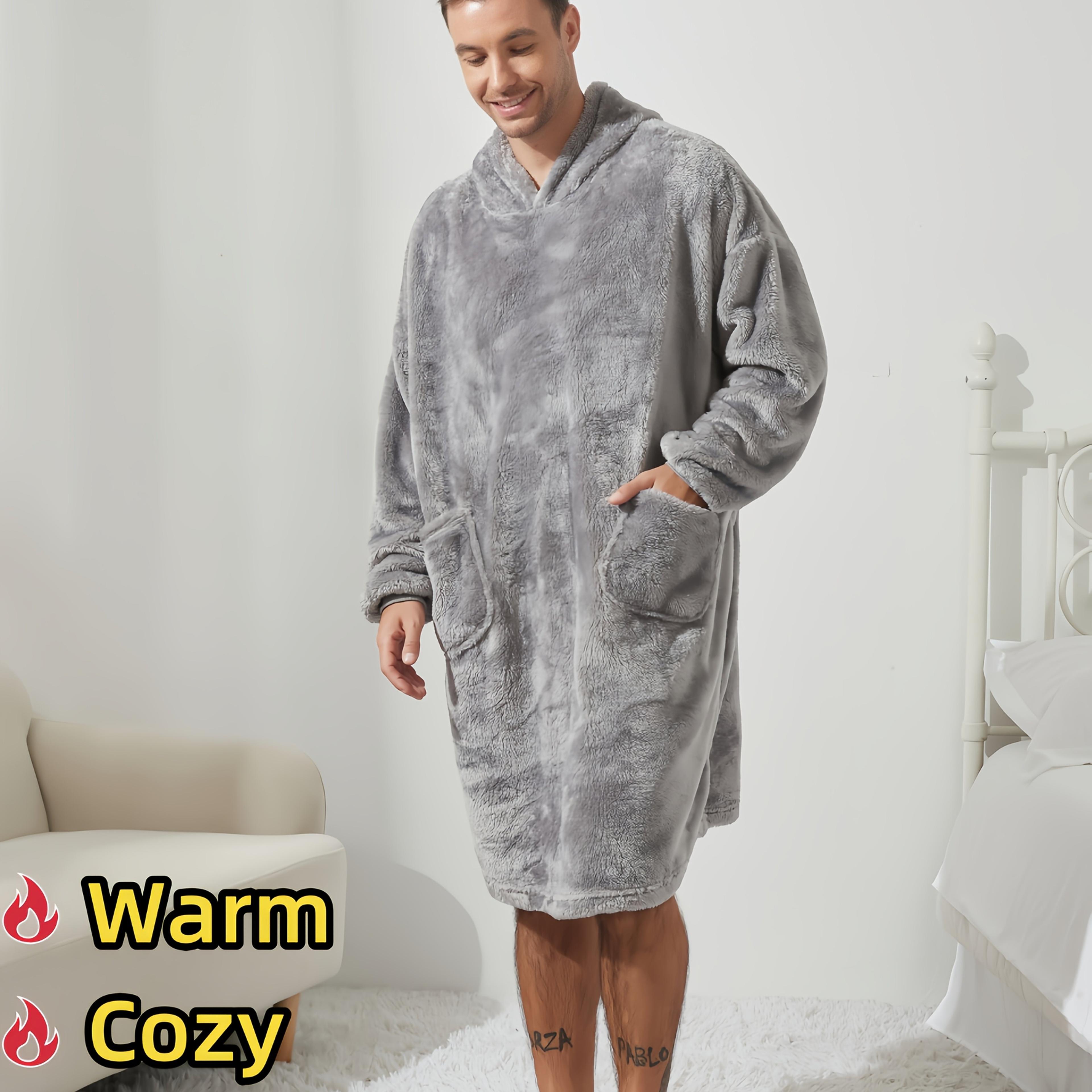 TEMU Cozy Flannel Hooded Robe For - Casual, Warm Pullover With Pockets, Fall/winter Loungewear