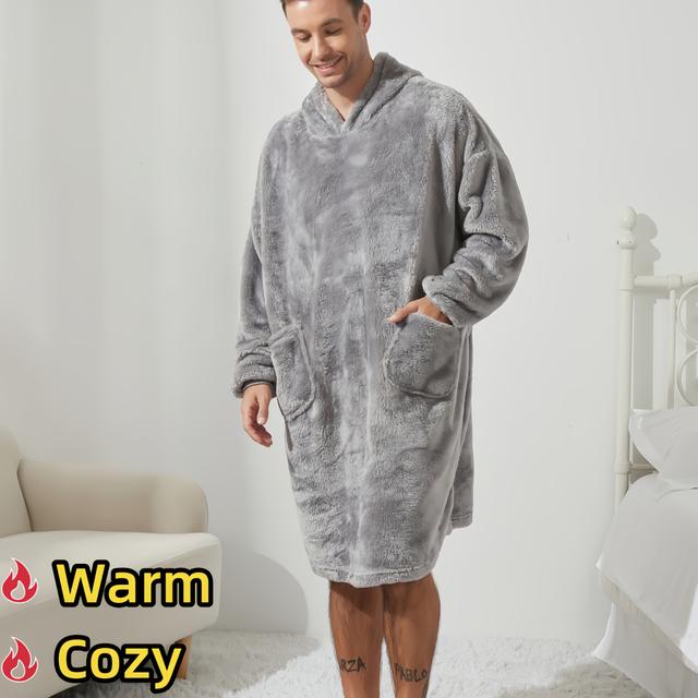 TEMU Cozy Flannel Hooded Robe For - Casual, Warm Pullover With Pockets, Fall/winter Loungewear