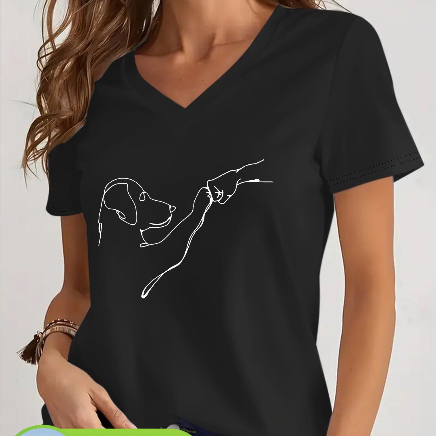 TEMU Spring/summer 100% Women's V-neck Short Sleeve T-shirt, Featuring A Print Of A Dog And Human High-, Casual And Fashionable Wear