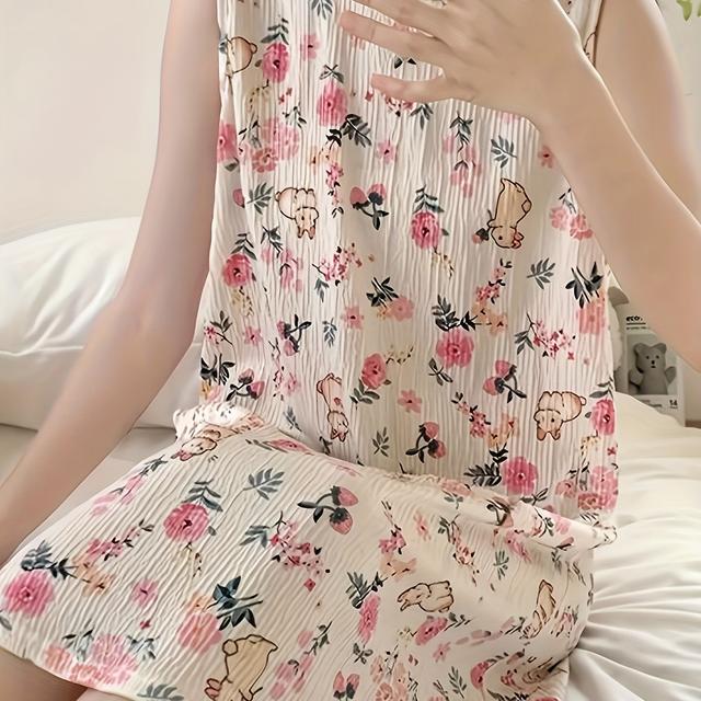 TEMU 女性用ノースリーブナイトガウン - ソフベージュリー生地、トな、小花柄のキュートで甘いホームドレス 春夏秋向け、快適な寝間着、パステルカラー、透けない素材