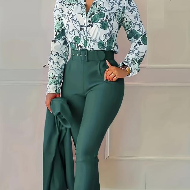 TEMU Chongzhong Only Elegant Floral V-neck Blouse And Drawstring Tapered Pants Set - Comfortable, Durable, Suitable For All