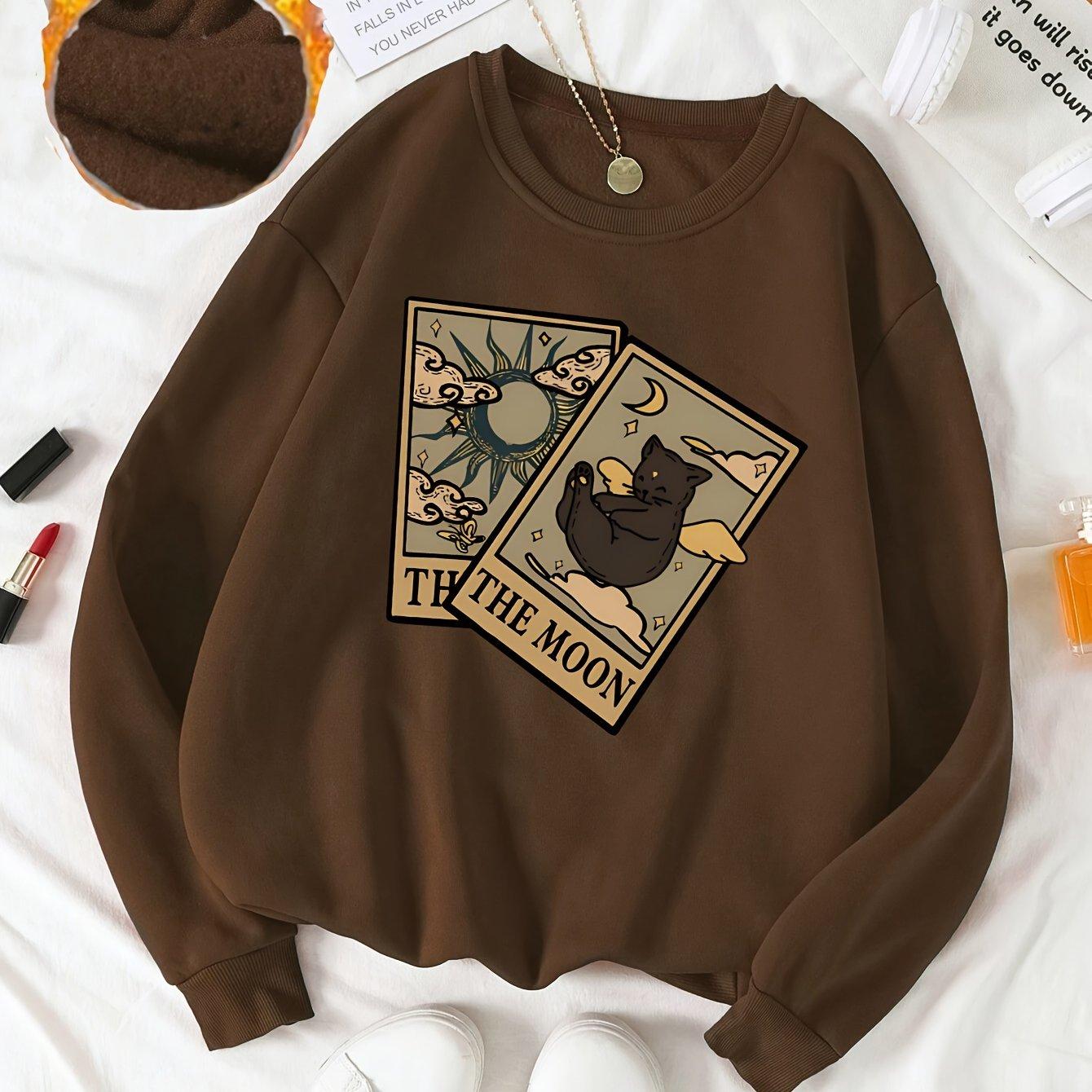 TEMU Women's Casual Cat Print Fleece Lined Sweatshirt, Long Sleeve Crew Neck Pullover, Fall