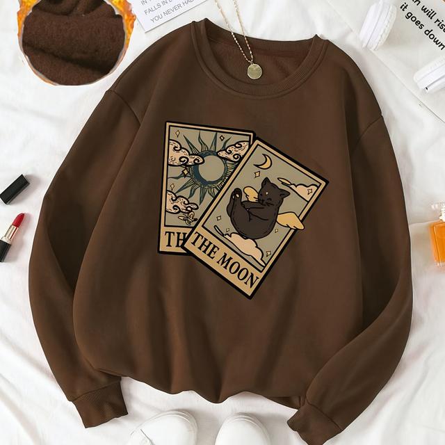 TEMU Women's Casual Cat Print Fleece Lined Sweatshirt, Long Sleeve Crew Neck Pullover, Fall