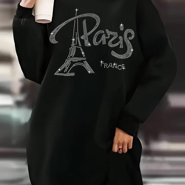 TEMU Plus Size, Plus Size Printed Sweatshirt Dress, Casual Loose Fit Long Sleeve Round Neck Dress For Autumn And Winter, Women's Clothing