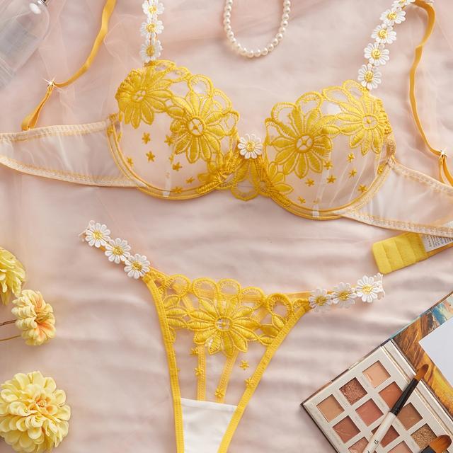 TEMU Gele Bloemen Geborduurde BH-Set, Romantische Prachtige Lingerie voor Plus Size Vrouwen, Halloween Kerst Designer Ondergoed