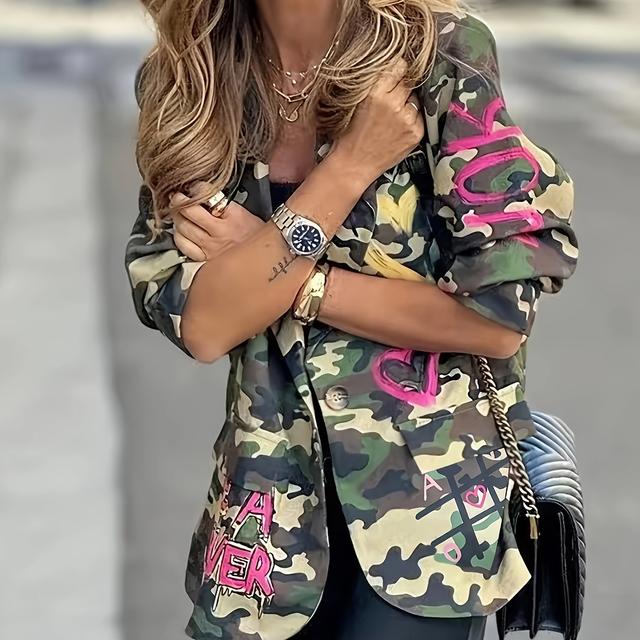 TEMU Women's Allover Print Blazer Jacket - 3/4 Sleeve Elegant H-silhouette Coat, Machine Washable Versatile Outerwear For Casual & Formal Wear