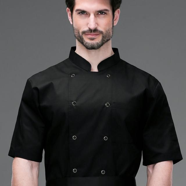 TEMU Men's Chef Jacket, Polyester, Short Sleeve, Breathable, Fit, Solid Color, Collar, Double-row Button, No Stretch, , Woven Fabric, Professional Kitchen Uniform Top