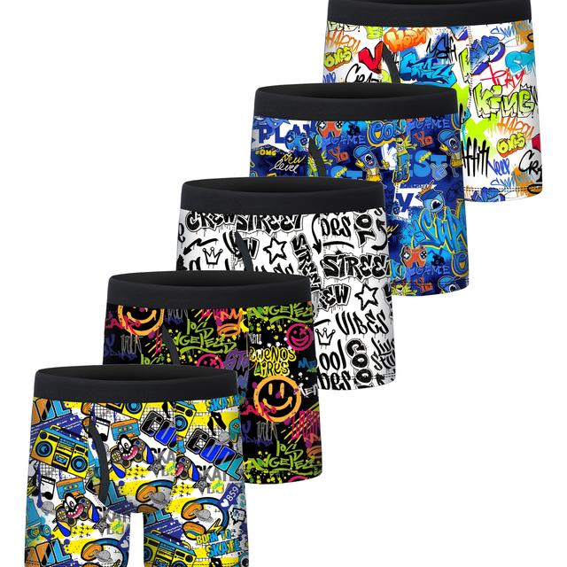 TEMU 5pcs Boys' Long Boxer Briefs - Breathable, Lightweight, Colorful Graffiti , Polyester & Spandex Blend, Opaque Geometric Pattern, Fit, Sports Underwear, Vibrant Underwear,