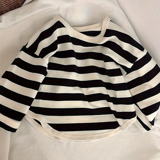 TEMU Boys' Casual Striped Long Sleeve T-shirt - Black & White , Round Neck, Regular Fit, Non-stretch Fabric, Spring/fall Top For , Apparel | Round Neck Shirt | Nonstretch Fabric