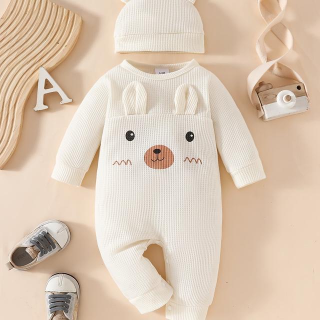 TEMU Adorable Printed Long-sleeve Romper With Hat, Perfect For Outdoor