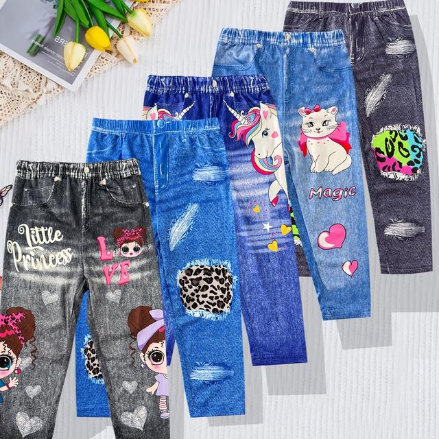 TEMU 5-teiliges Mädchen-Set mit Modischen Denim-Look Leggings - Weiche, Dehnbare Freizeithosen mit geometrischen Mustern für Frühling/Herbst, Perfekt für Draußen