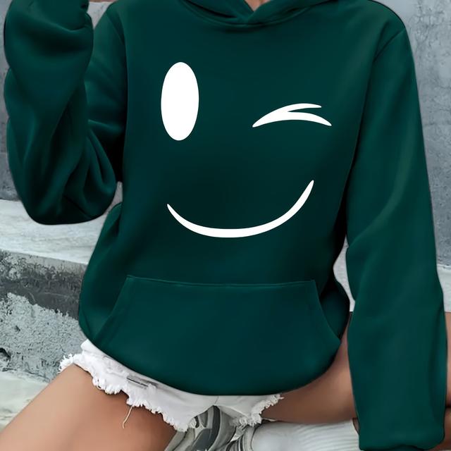 TEMU Solid Color Simple Smile Pattern Casual Hooded Sweatshirt