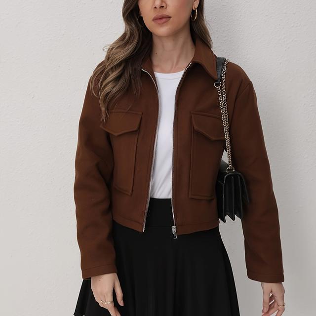 TEMU Women' Full-zip Jacket - Winter Coat With Full-length Zipper Closure, Collar & Full-length Zipper Front