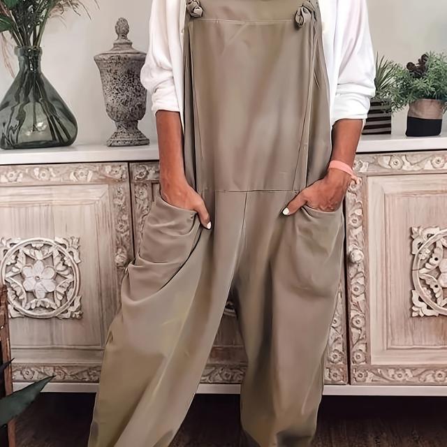 TEMU Women's Khaki Wide-leg Jumpsuit - Off-shoulder Strapless Design With Adjustable Suspenders, Elastic Waist & Pockets, Machine Washable Outfit