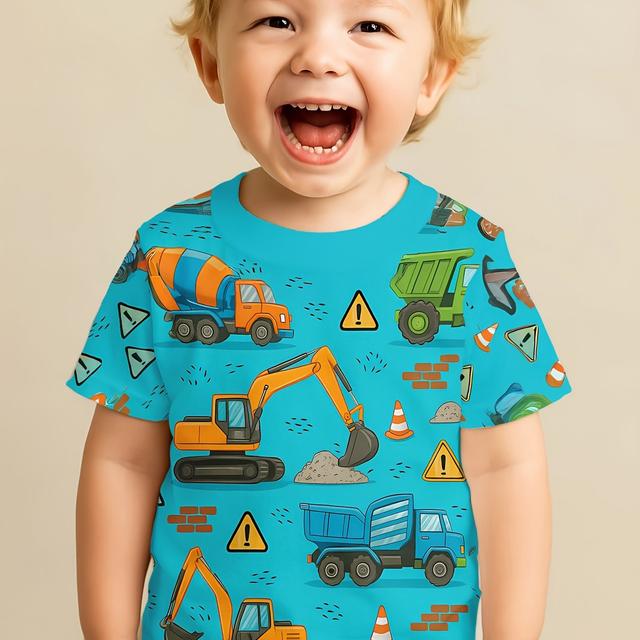 TEMU Kids' T-shirt With A Construction Theme - Featuring A With Excavators, Dump Trucks, And Bulldozers, Ideal For Young Who Enjoy Big Machines And Adventure, Showcasing Vibrant Colors And Patterns!