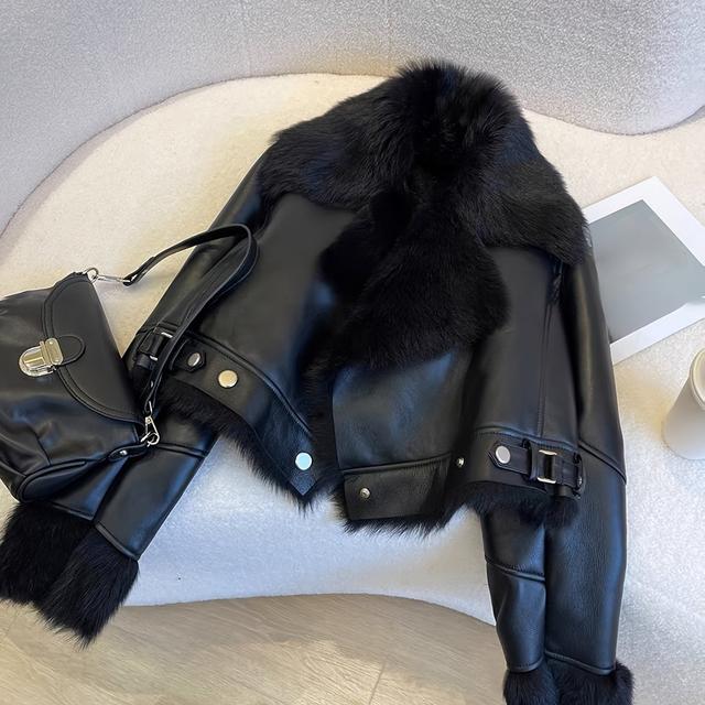 TEMU Abrigo Corto de Mujer con Parches de Cuero PU, Chaqueta de Moto Gruesa y para Mujeres Pequeñas, Abrigo de Cuero PU con Solapa y Cintura , de Invierno 2025