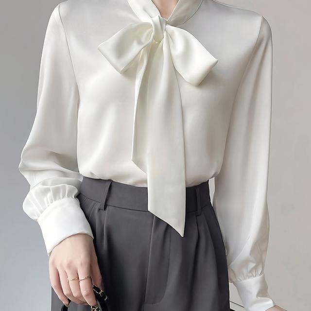 TEMU Elegant Solid Color Bow Tie Blouse - Long Sleeve, Polyester, Machine Washable - Chic For