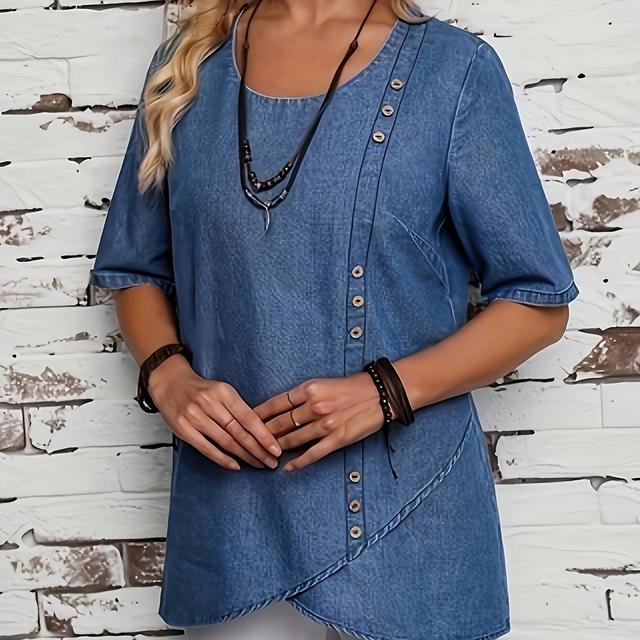 TEMU Стильні та елегантні джинсові топи для жінок, вільного крою, з короткими рукавами та асиметричним низом, у сірому кольорі з однобортним дизайном