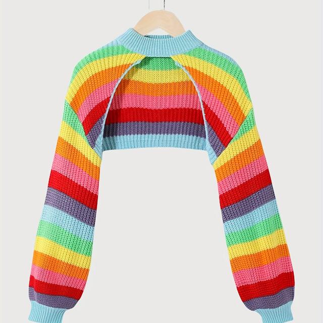 TEMU Elegant Randig Rundhalsad Långärmad Kardigan för Kvinnor, Kort Längd, Vår och Höst