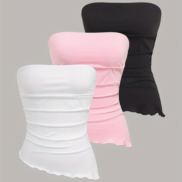 TEMU 3pcs Y2k-inspired Off-shoulder Ruched Crop Tops For Women - In White, Black, & Pink, Stretchy Polyester Blend, Machine Washable