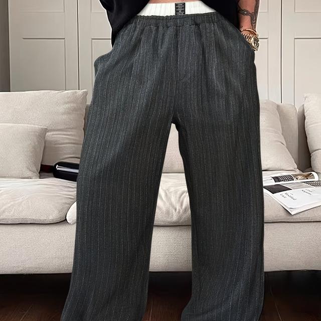 TEMU Men'-layer Wide-leg Trousers | Casual Striped Long Pants With Pockets, Loose Fit, Non-stretch Fabric, Elastic Waistband For Spring/fall
