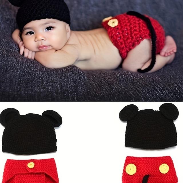 TEMU Supersöt tecknad babystickad mössa och overallbyxa, för fotografering och festklänning