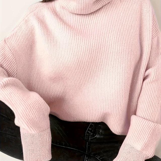 TEMU Plus Size - Plus Size - Plus Size Women's Autumn And Winter Casual High-neck Pullover Sweater, Long-sleeve, Solid Color, Loose Top