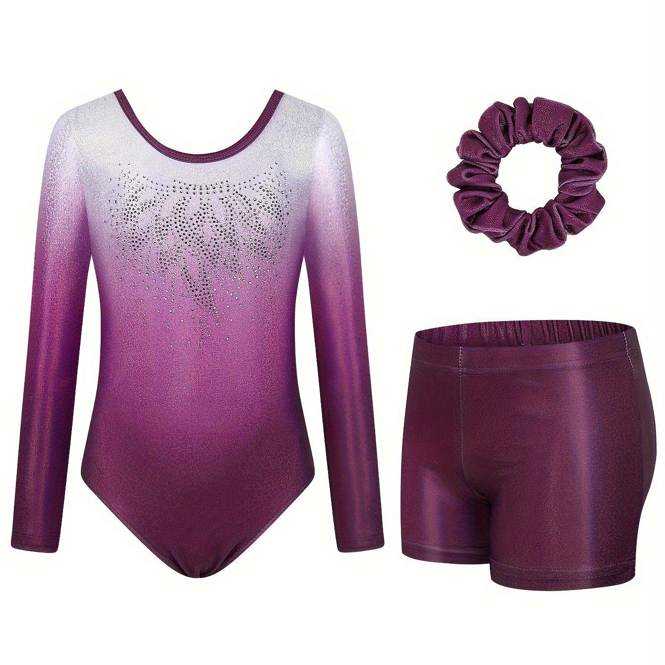 TEMU Gymnastics Leotards For Girls | Long Sleeve Rhinestone Kids Dance Unitards With Tumbling Dance Shorts, Ombre Pattern, Crew Neck, Medium Stretch Fabric, Suitable For Sports, Party, Prom