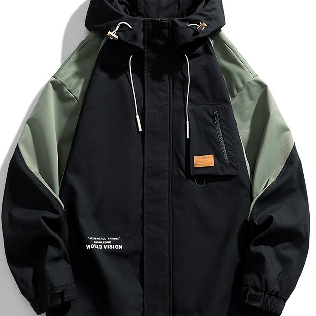 TEMU メンズ 春秋 WORLD VISION レタープリントとコンカラー フード付き 長袖 ジップアップ ウィンドブレーカー ジャケット、アウトドア活動に万能