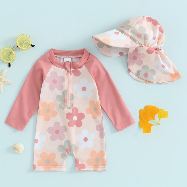 TEMU Infant Baby Girl Long Sleeve Rash Guard Swimsuit With Matching Hat - Front Zipper Floral -piece Bathing Suit, Upf Sun Protection, Summer Swimwear For Beach & Pool, Colorful Kids Swimset,