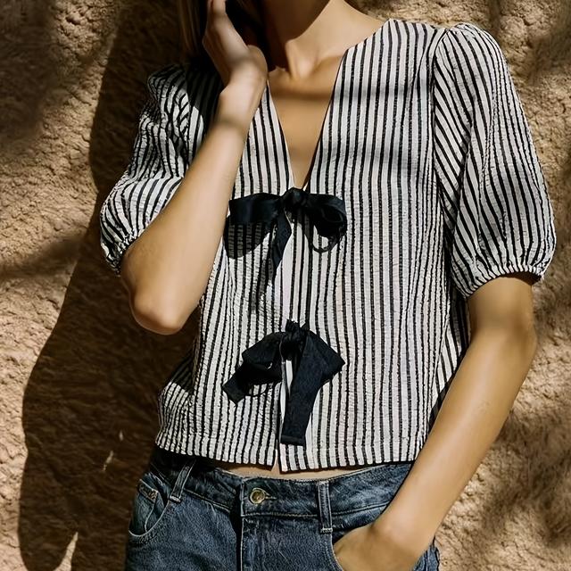 TEMU 2026 Spring-summer New Arrival Striped French Bow-embellished Puff Sleeve Blouse | Ideal Fashion Styling